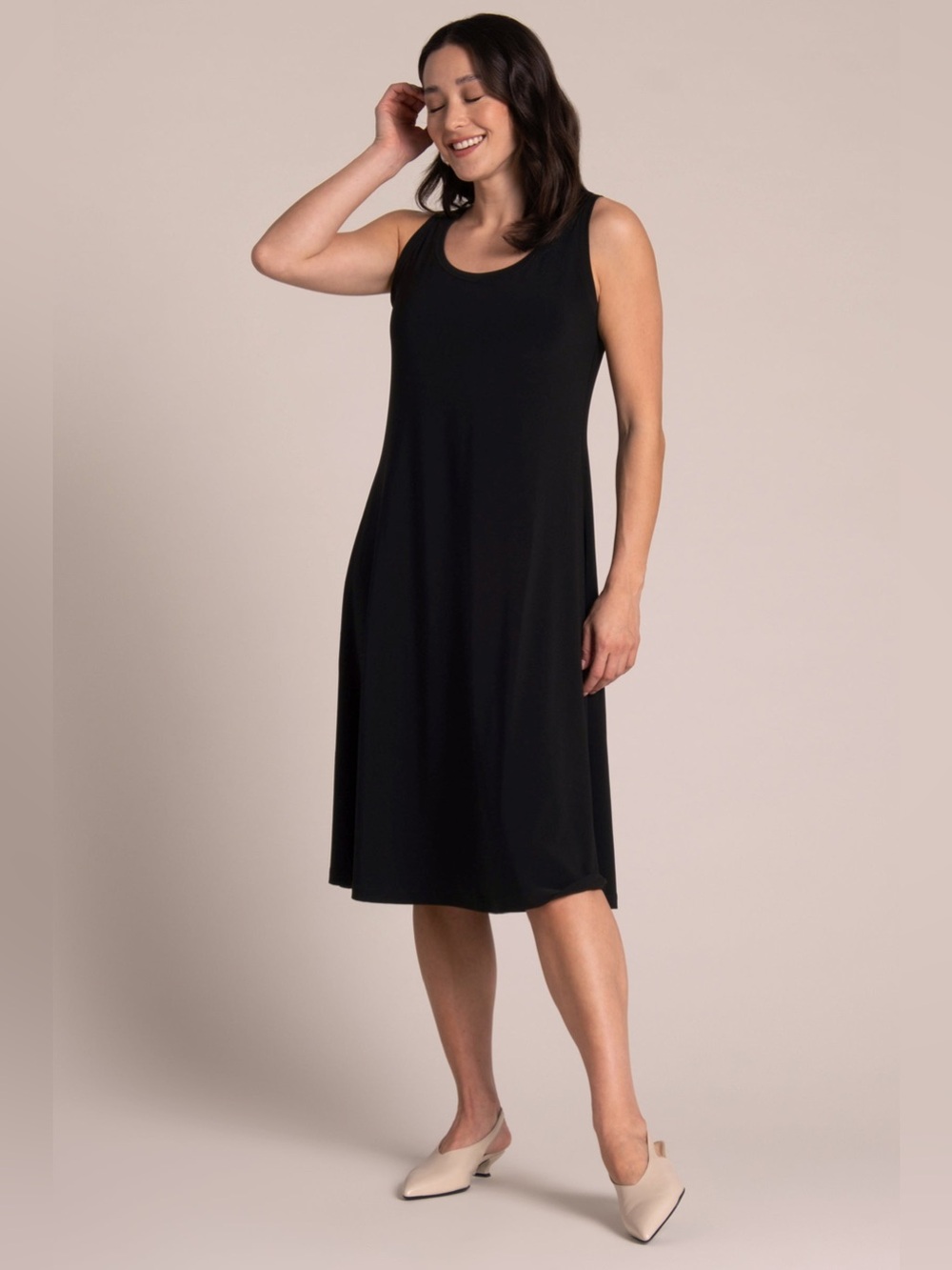 Sympli Nu Tank Dress Short Black Size 10 Scoop Neck Fit & Flare Stretch Travel